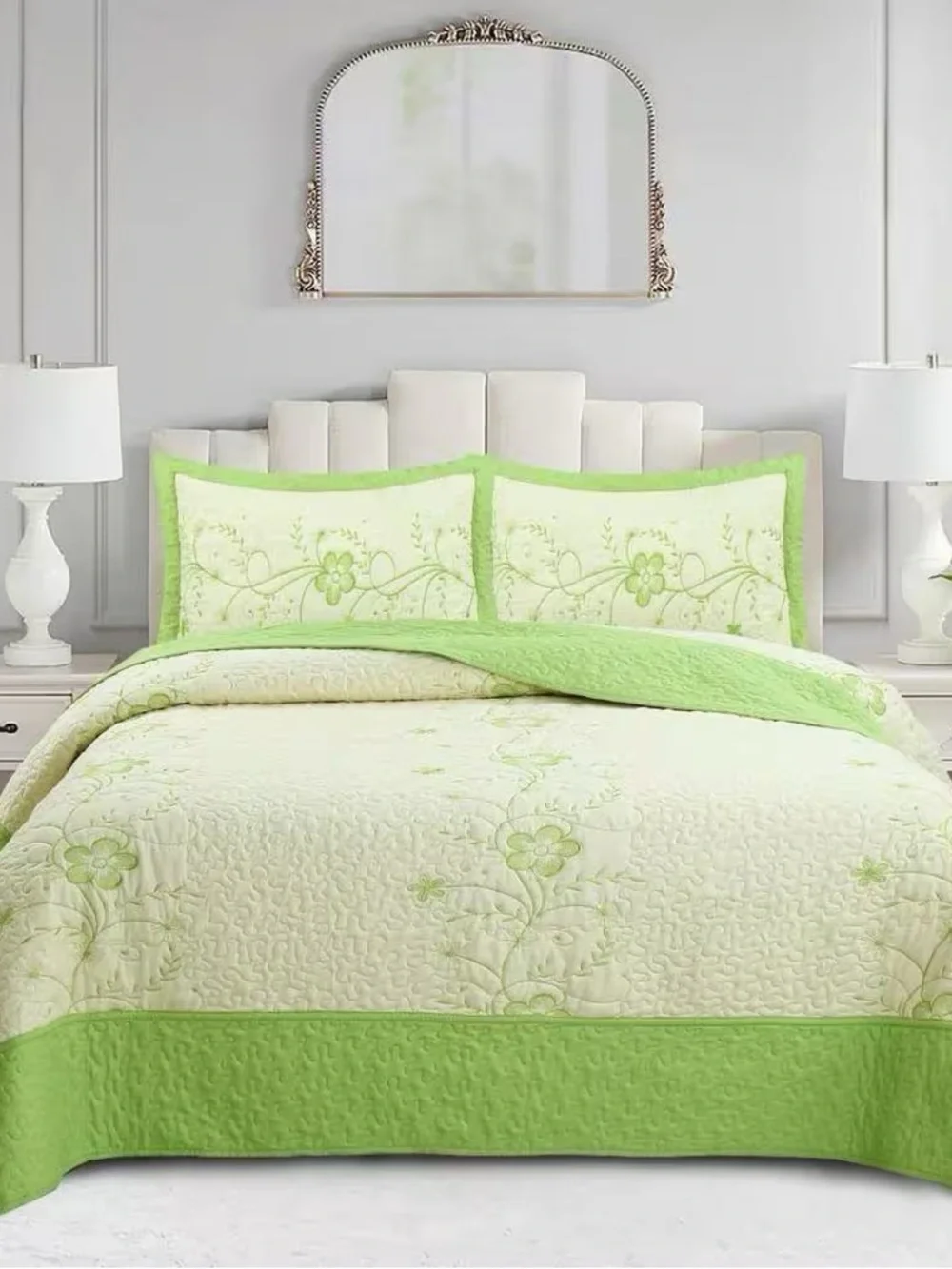 Green Flower Embroidery Queen Size Polyester Quilt Bedspreads Set